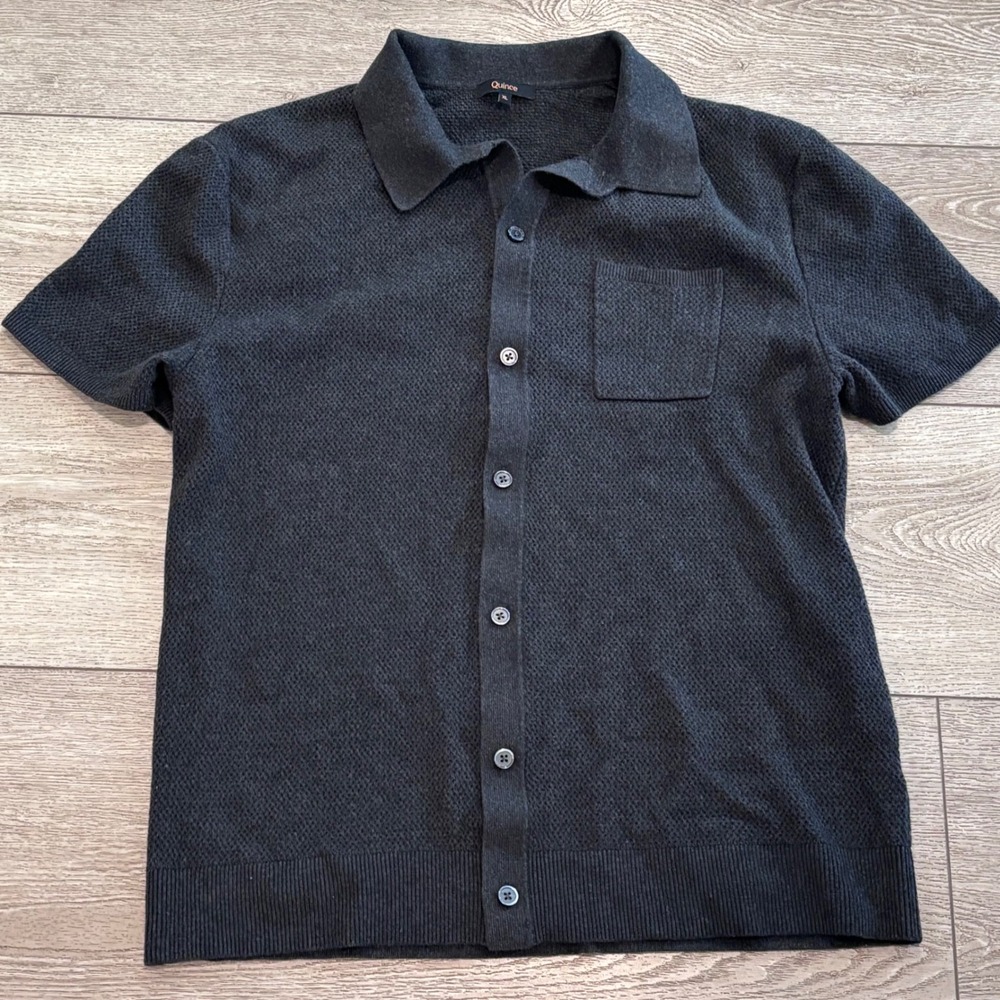 Quince Knit Sweater Shirt Polo Mens XL Grey Organic Cotton Button Down Preppy
